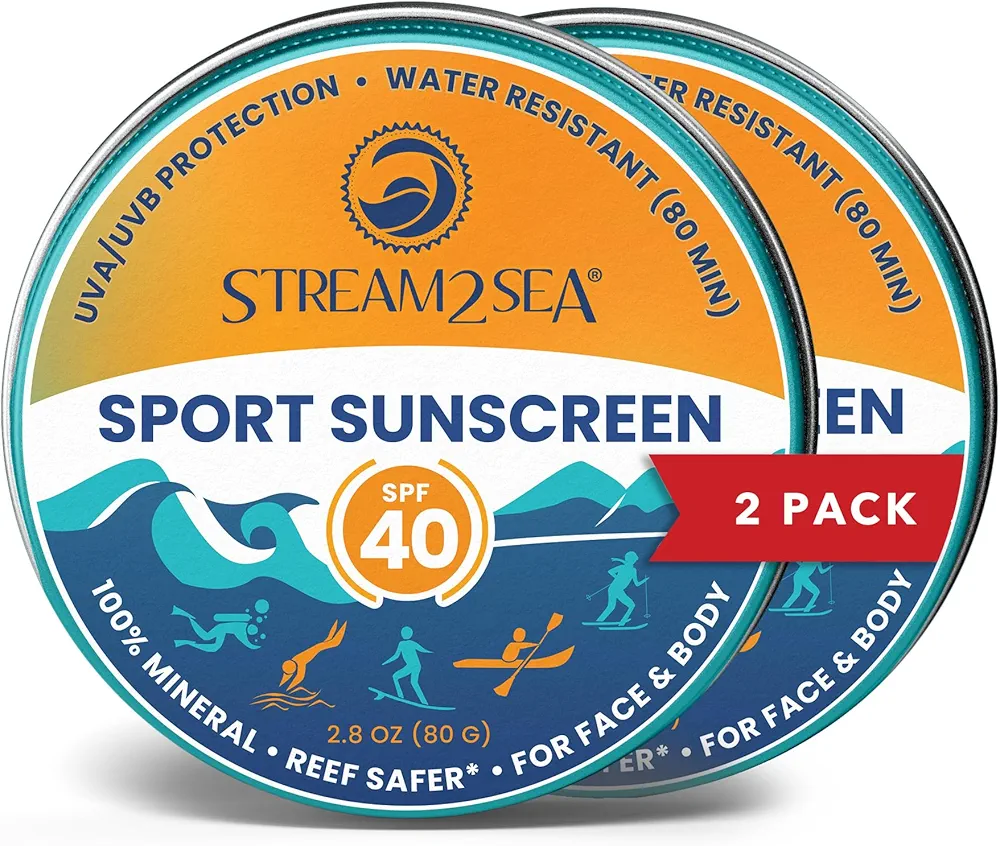 STREAM2SEA Sunscreen Balm in Tin, SPF40 Reef Safe Mineral Sunscreen, Face & Body Biodegradable Sunscreen, Natural Organic Unscented Travel Size Reef Safe Sunscreen with Zinc Oxide - Pack of 2