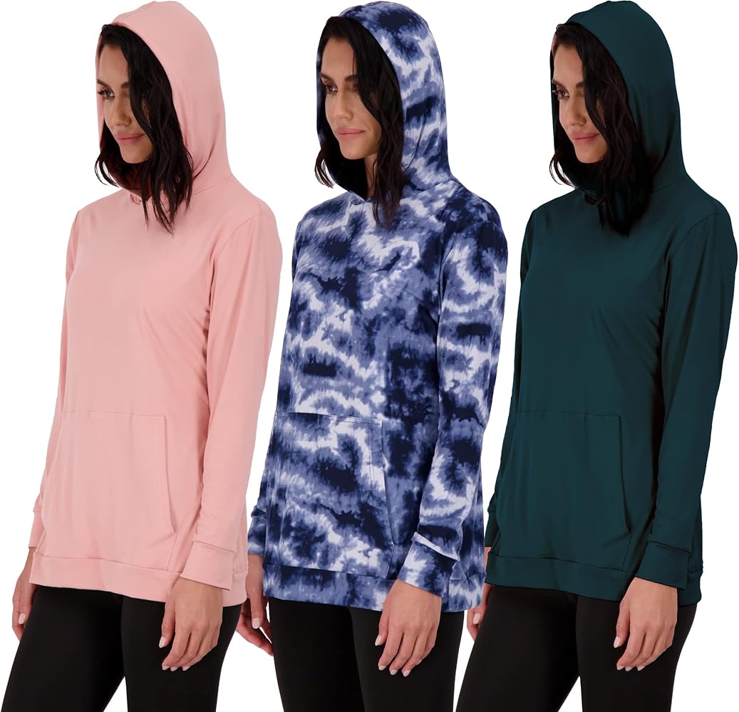 Real Essentials 3 Pack: Women's Dry Fit Long-Sleeve Hoodie Pullover Sweatshirt Pocket - Active Lounge (Available In Plus)