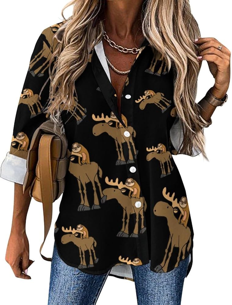 Cute Sloth Riding Moose Long Sleeve Shirts for Women Irregular Hem Button Down Blouse Loose V Neck Tees Top