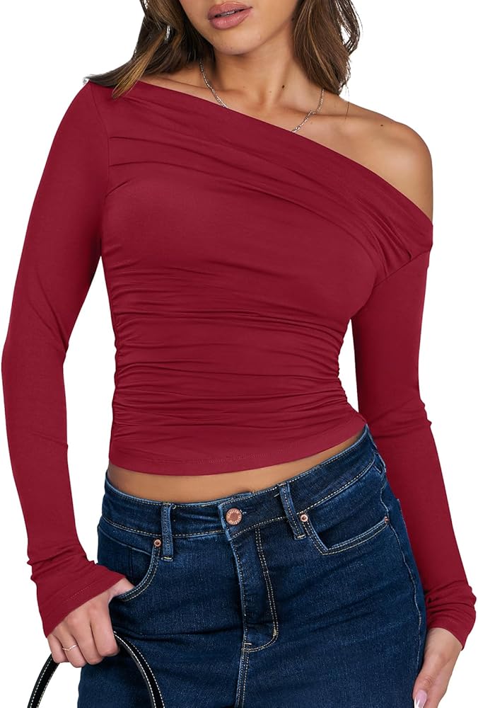 ANRABESS Womens Off Shoulder Long Sleeve Shirts Slim Fitted Sexy Tight Going Out Crop Tops Blouses Y2K Outfits 2024 Trendy