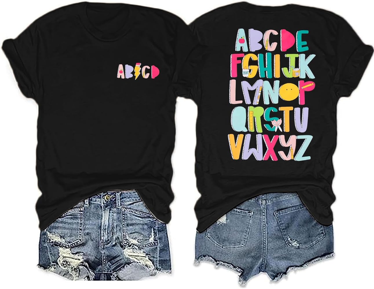 Teacher Shirt ABC Alphabet Women Letter Print Graphic Short Sleeve Tee Tops Teachers Gift Student T-Shirt Blouse