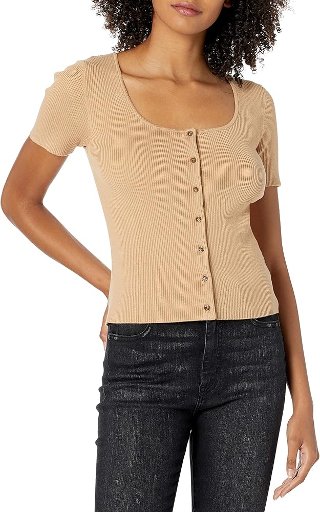 The Drop Women's Maxine Short-Sleeve Square-Neck Button-Front Rib Cardigan