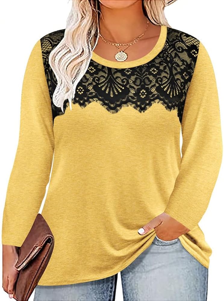 TIYOMI Plus Size Tops Long Sleeve Black Lace Dressy Casual T-shirt Fall Lightweight Sweatshirt Tunics Pullover XL-5XL