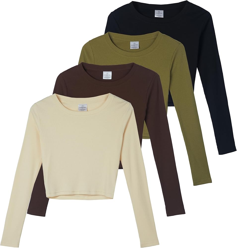 Real Essentials 4-Pack: Women's Long Sleeve Ribbed Knit Cotton Crew Neck Crop Top Shirt - (Available in Plus)