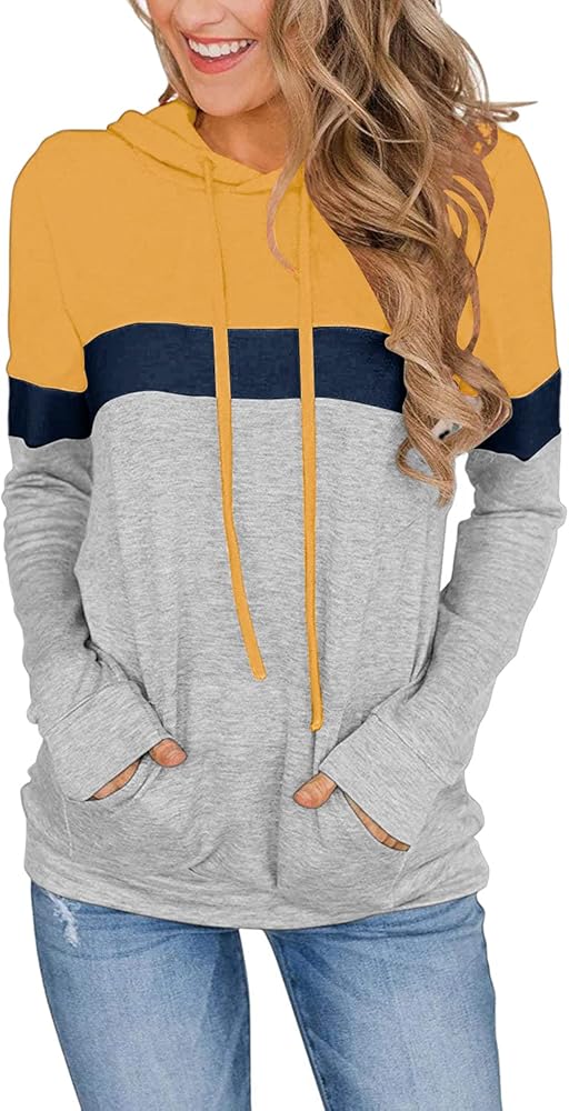 CHICZONE Womens Hoodie Pullover Hooded Sweatshirt Causal Long Sleeve Color Block Tunic Tops with Pocket Yellow Grey XL