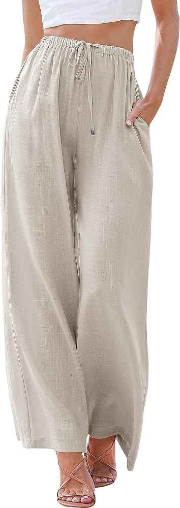 ANRABESS Women's Linen Summer Palazzo Pants Elastic Waist Casual Beach Trendy Wide Leg Trousers with Pockets