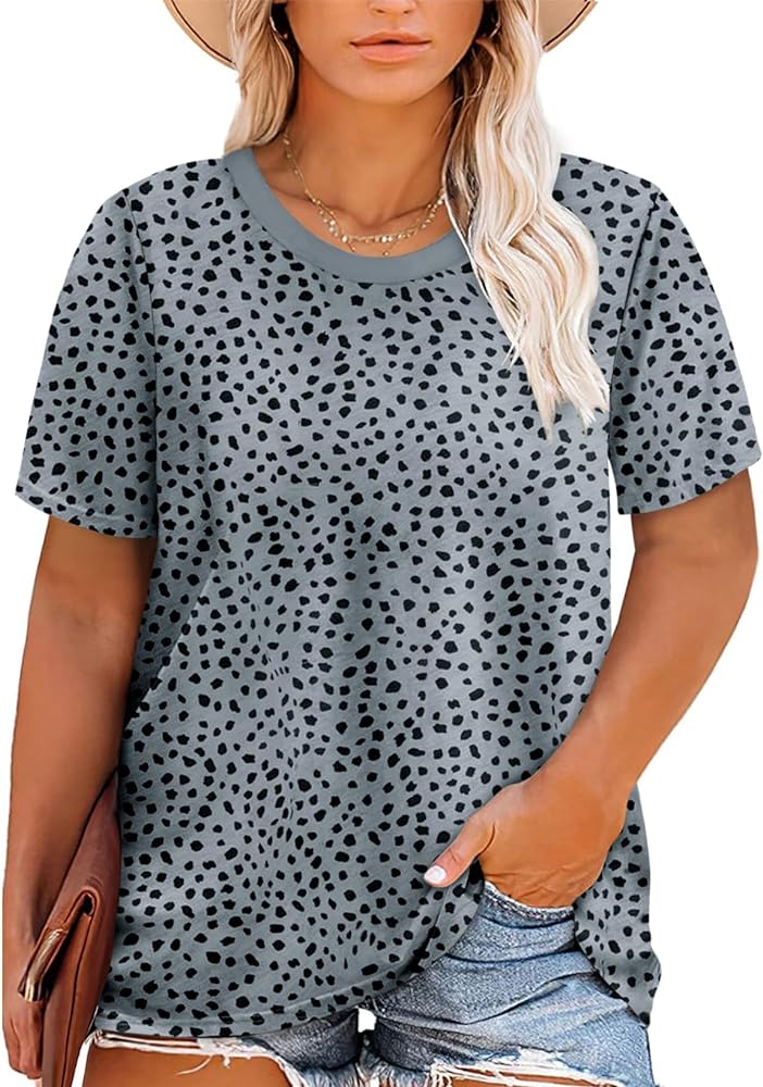 Eytino Plus Size Tops for Women Short Sleeve Crew Neck Polka Dot Printed Casual Loose Tee Shirts(1X-5X)