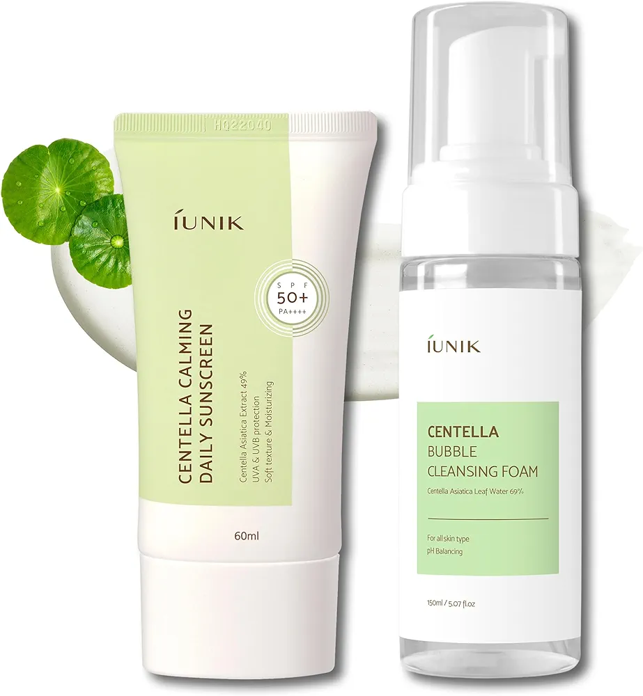 iUNIK Centella Calming Moisture Daily Sunscreen No White Cast SPF 50+ PA++++ & Bubble Foaming Vegan Soothing Moisturizing Facial Cleanser for Dry, Sensitive, Oily Skin Korean Skincare