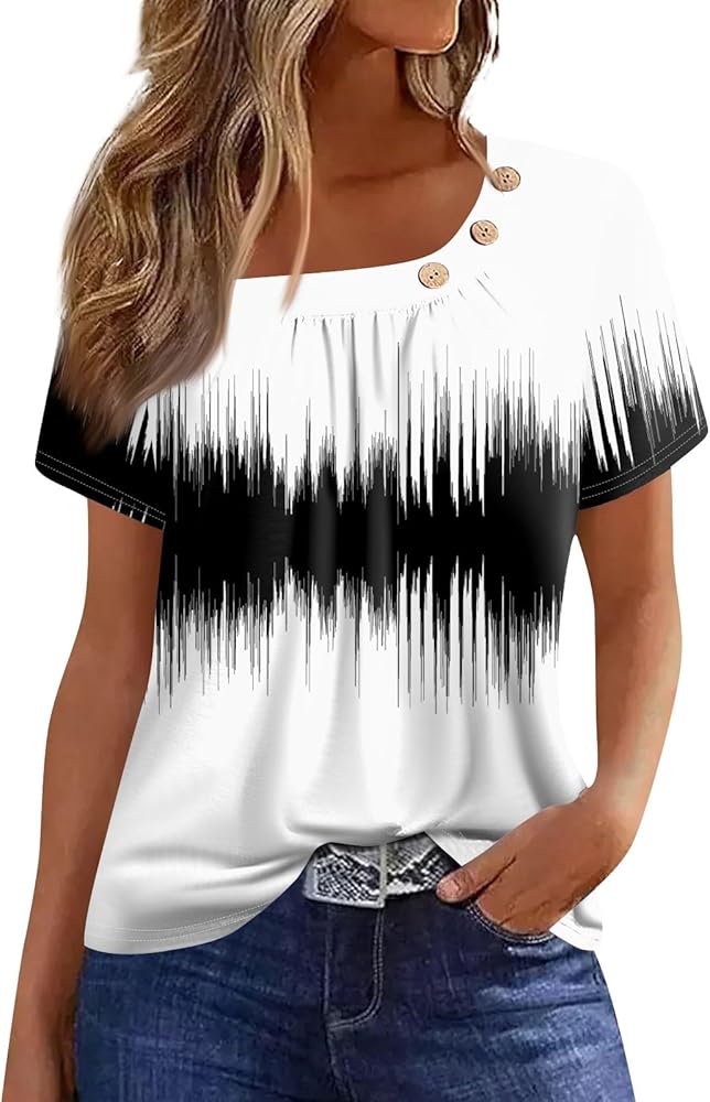 COTECRAM Women's Short Sleeve Tops Summer Trnedy U Neck Tshirt 2024 Graphic Shirts Dressy Casual Blouses Tunics Loose Fit