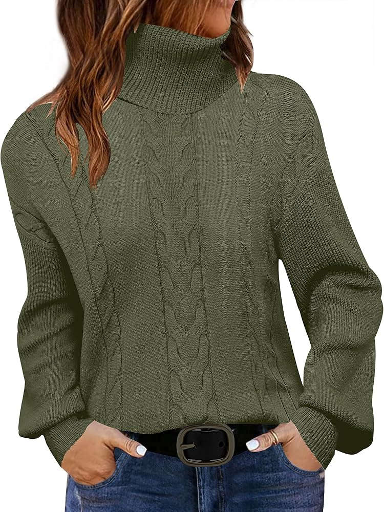 LEANI Women's 2024 Turtleneck Sweater Lantern Long Sleeve Cable Knit Pullover Sweaters Jumper