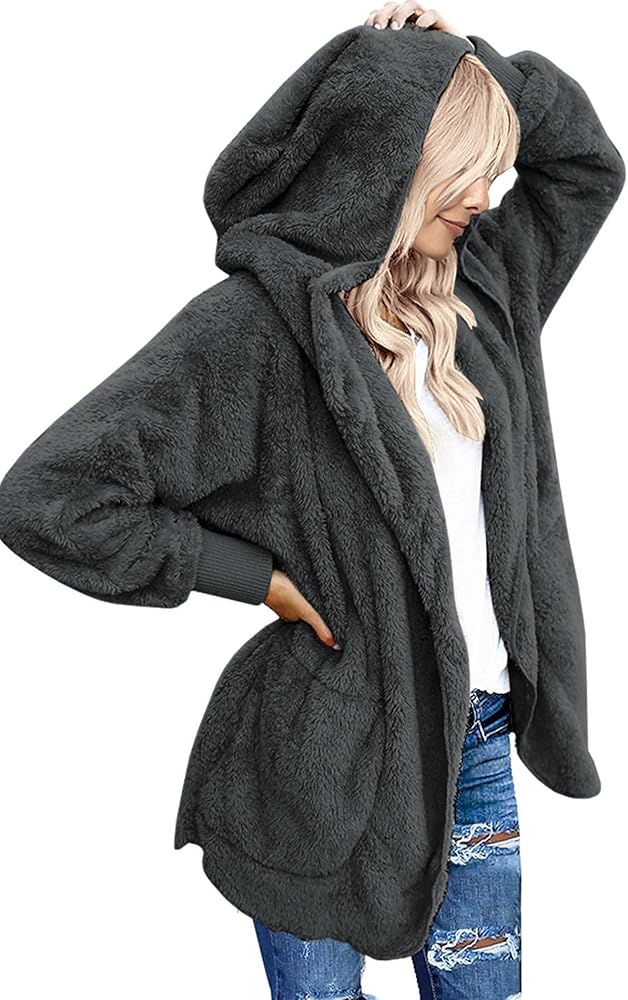 Yanekop Womens Fuzzy Fleece Open Front Hooded Cardigan Jackets Sherpa Outerwear Coats with Pockets