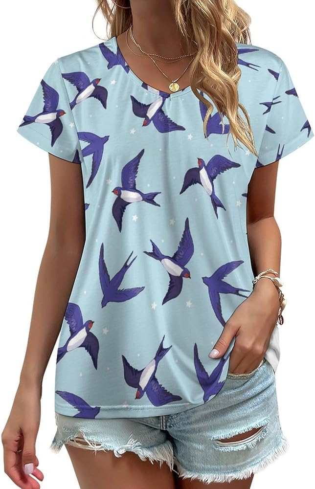 Swallow Bird Pattern Casual V Neck T Shirts for Women Summer Tops Trendy Short Sleeve Tee Blouse