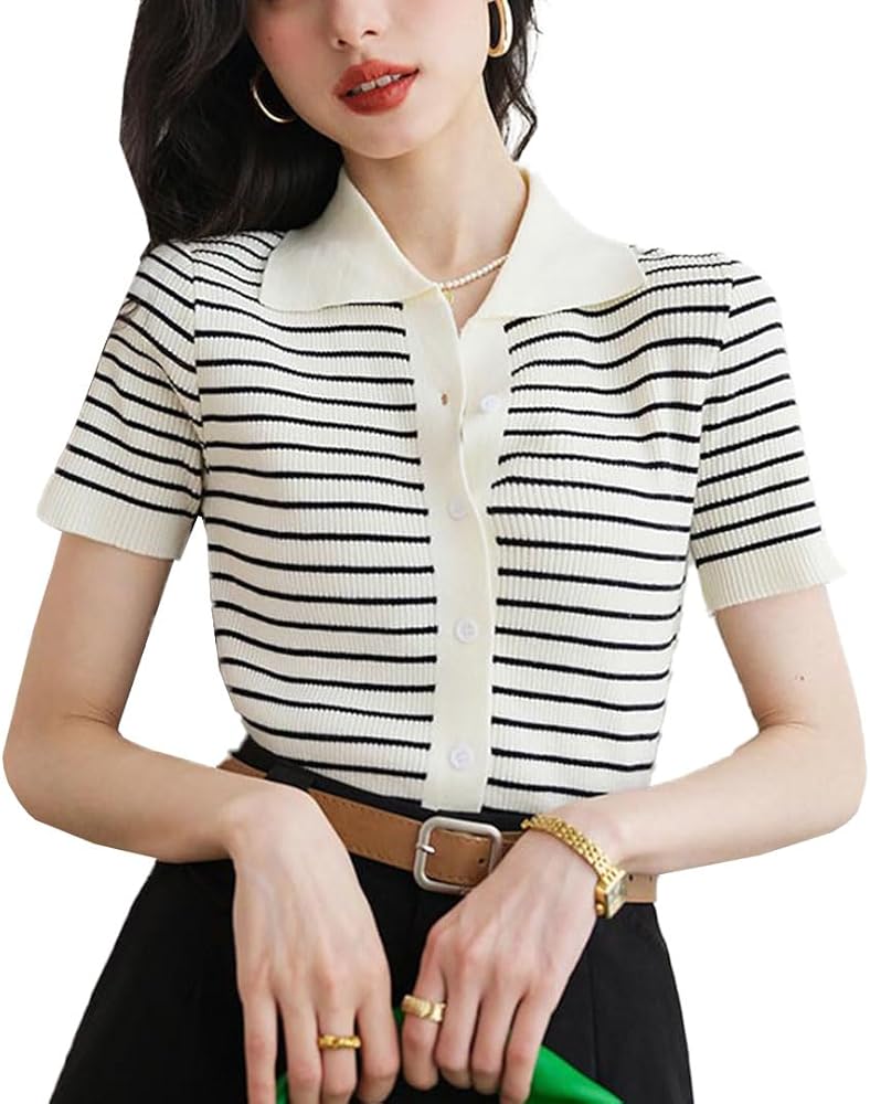 Women's Striped Sweater V Neck Polo Short Sleeve Ribbed Knit Slim Fitted Spring Sweater Womens Work Tops