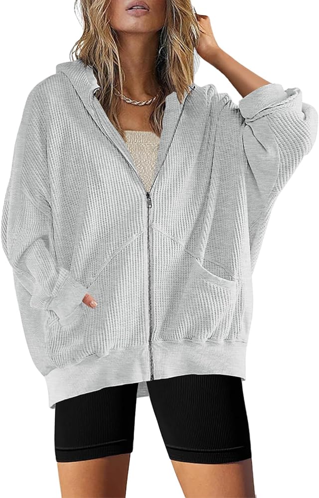 Womens Fashion Zip Up Hoodies Oversized Waffle Knit Jacket Shirts Long Sleeve Solid Shacket Blouse with Pockets