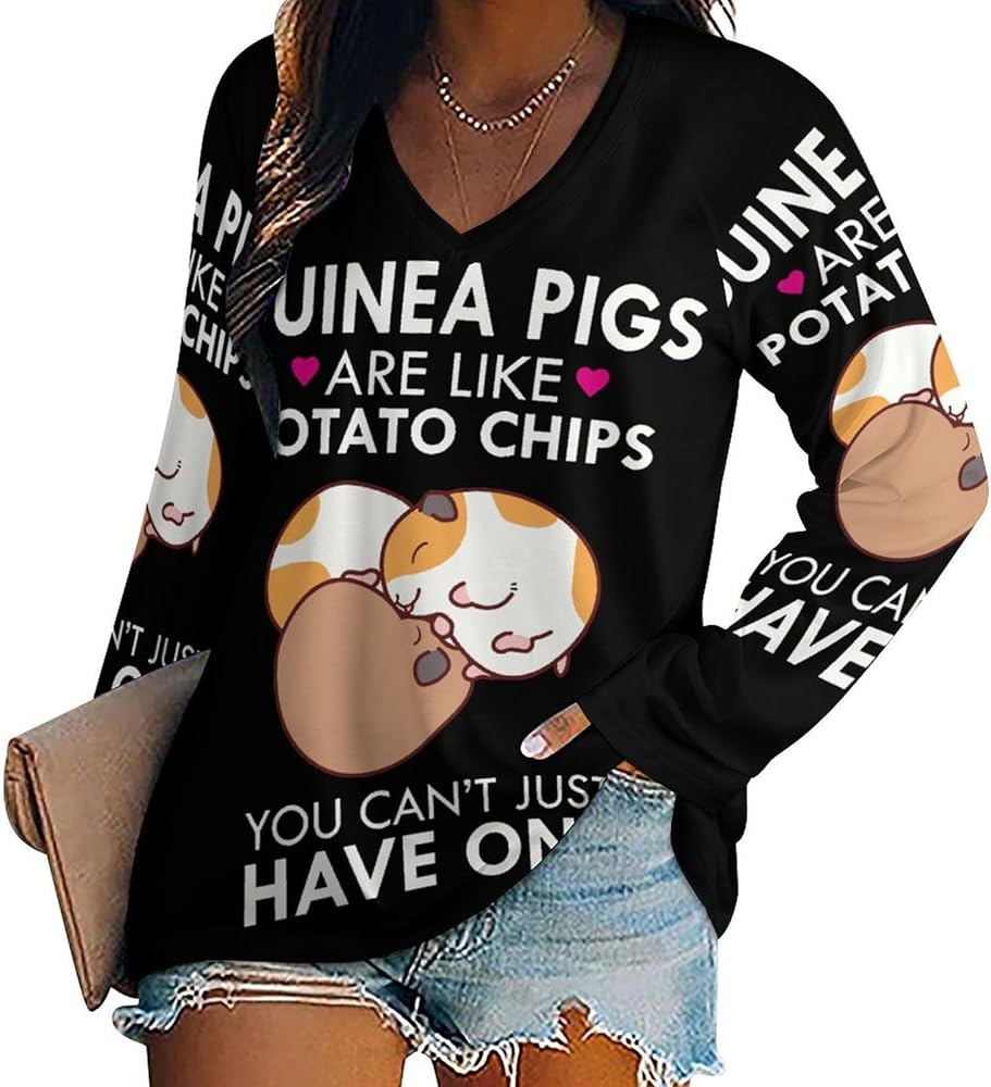 Guinea Pigs Like Chips Loose Womens Shirts Long Sleeve Tees Tops Casual V-Neck Graphic Blouses