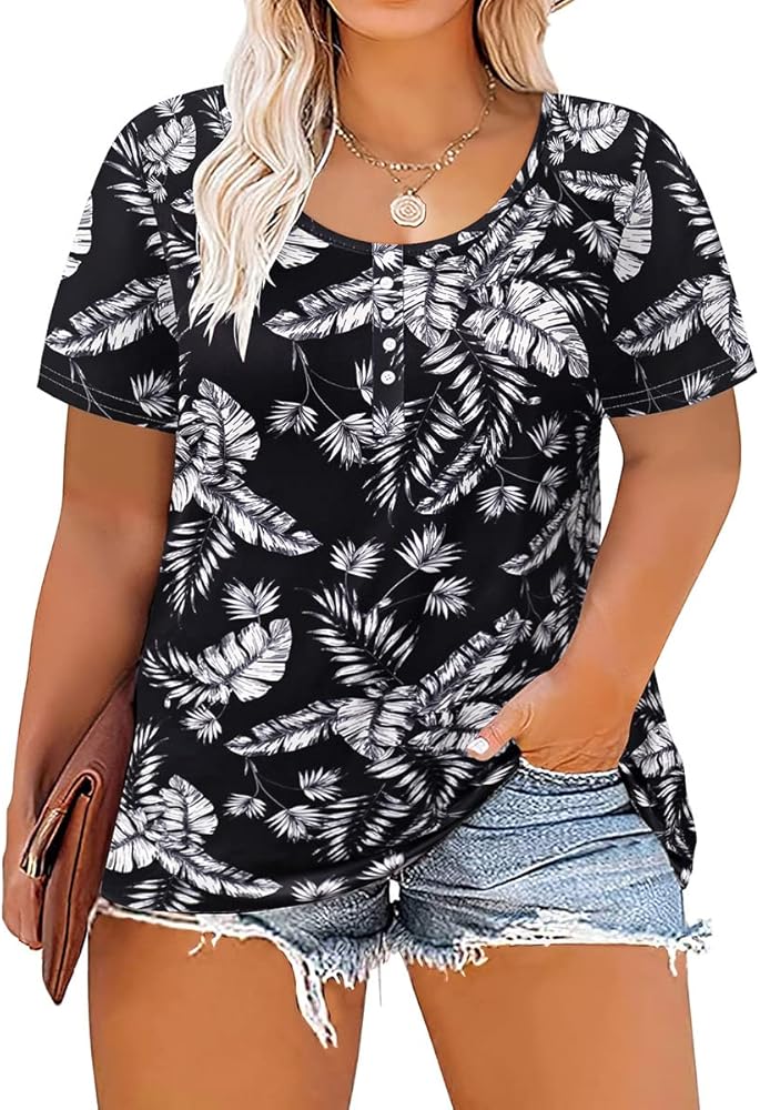 RITERA Plus Size Tops for Women Floral Summer Short Sleeve Button Henley Shirts Oversized Tunic Blouse XL-6XL