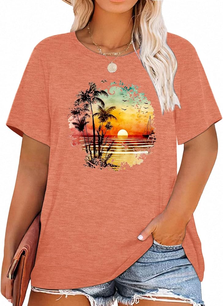 Plus Size Tops for Women: Graphic Shirt Sunrise Sunset T-Shirt Funny Graphic Casual Short Sleeve Tee Nature Travel Shirt