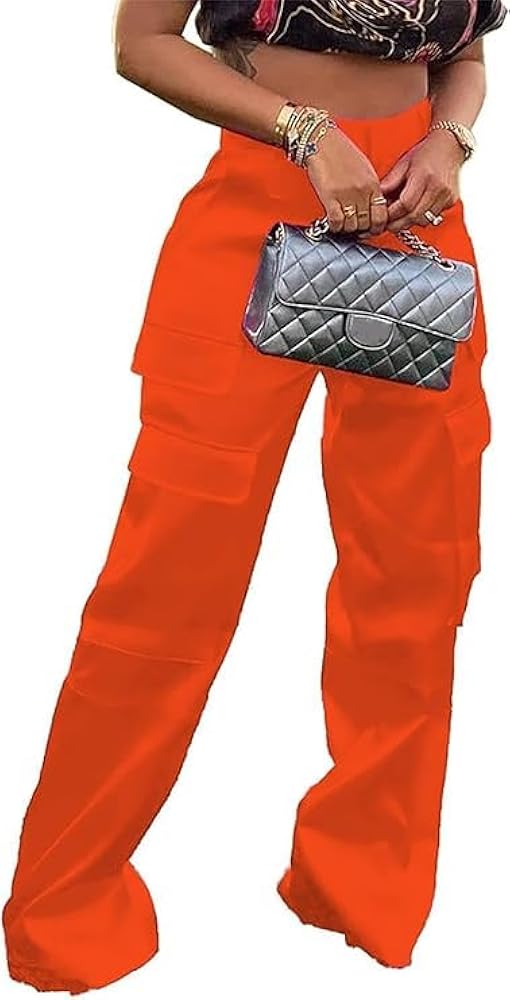 Satin Cargo Pants for Women High Waisted Wide Leg Trouser Multiple Pockets