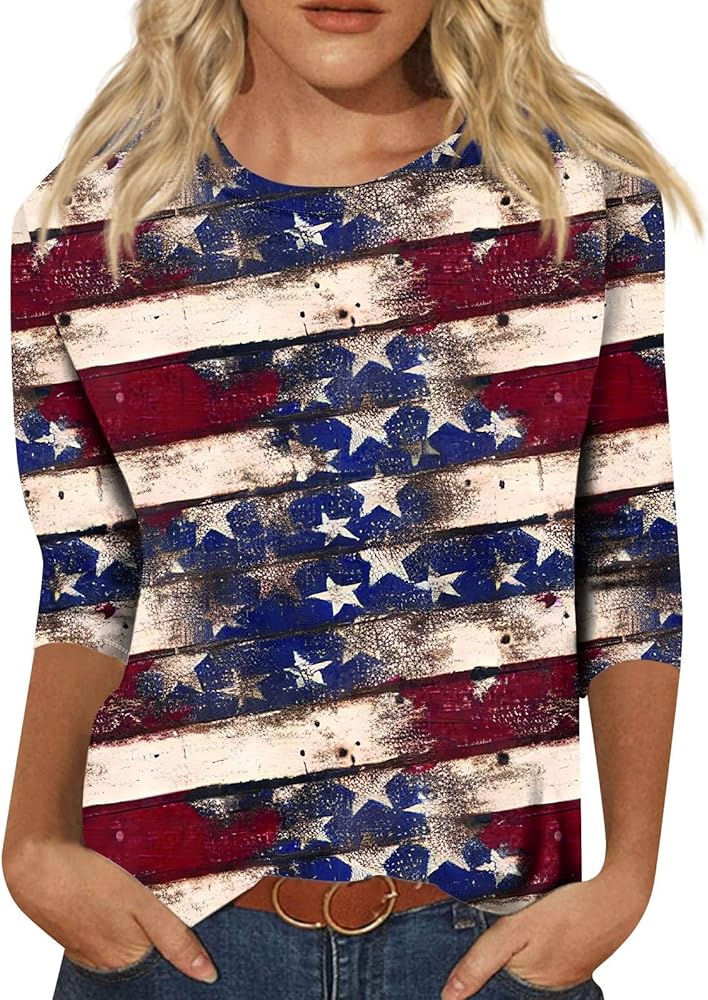 Tops for Women, 3/4 Sleeve Shirts for Women Independence Day Print Graphic Tees Blouses Casual Plus Size Basic Tops Pullover