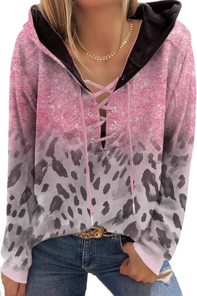 Dokotoo Womens Ladies Fall Fashion Tie Dye Leopard Print Long Sleeve Hoodies Sexy Lace Up Criss Cross V Neck Cute Hooded Sweatshirts Casual Pullover Tops Winter Clothes Pink XX-Large