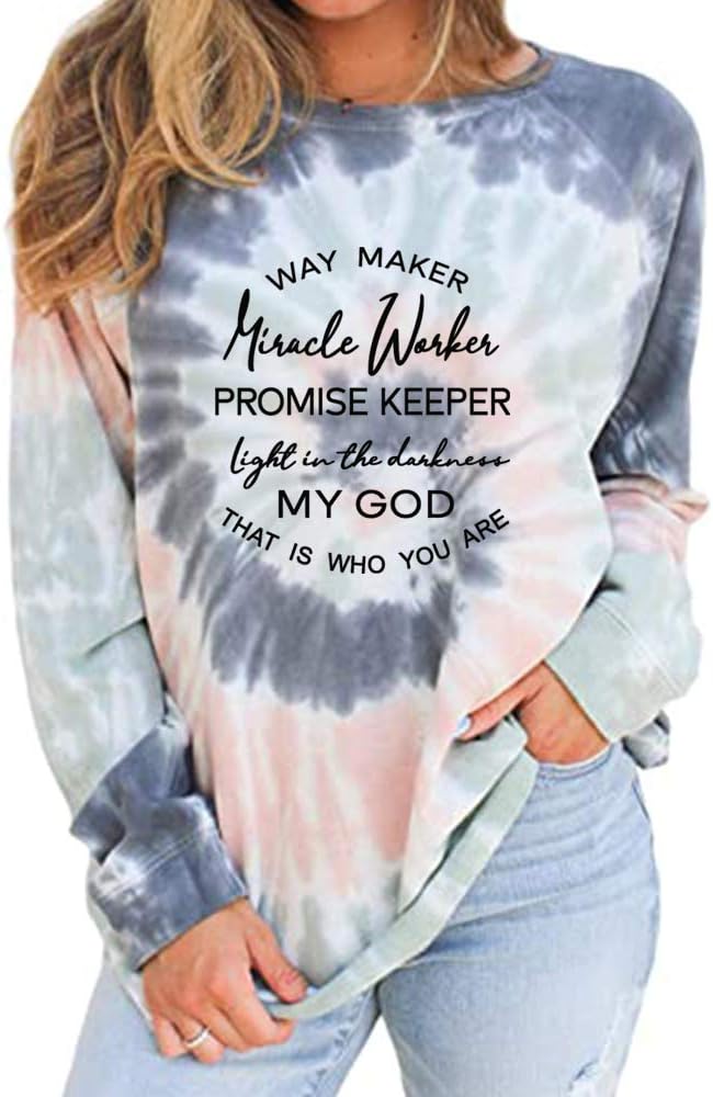 MUZHI Women's Casual Color Block Tie Dye Crewneck Faith Over Fear Long Sleeve Loose Pullover Sweatshirt Tops