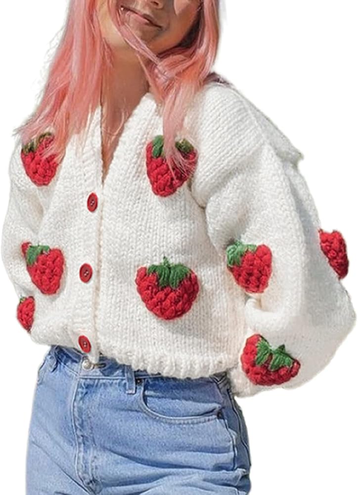 KMBANGI Women Button Down Sweater V Neck Cable Knit Crop Cardigan Cute Oversized Jumper Top Aesthetic Clothes