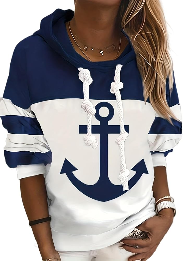 Akivide Women Hoodies Long Sleeve Anchor Graphic Drawstring Lightweight Sweatshirts Pullover Tops