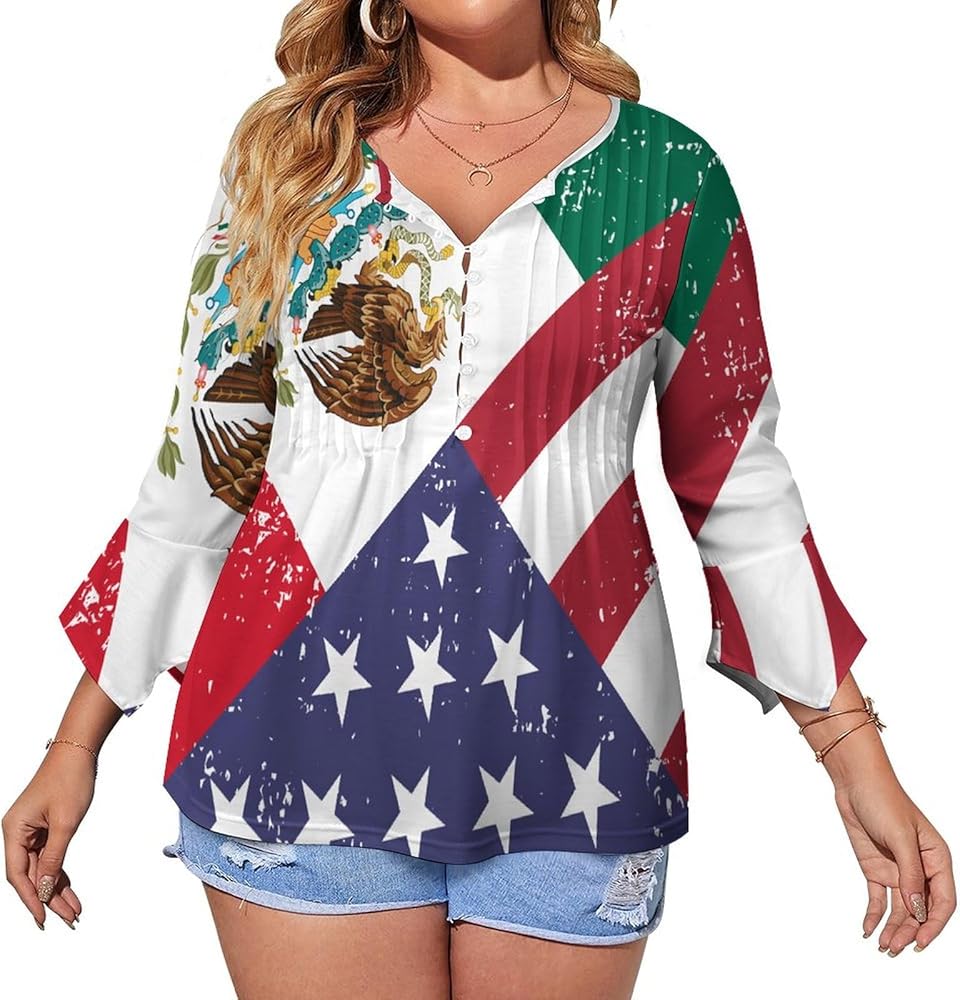 Vintage US Mexico Flag Cute Womens T-Shirts 3/4 Sleeve Button Down Tee Tops Blouse Summer Beach