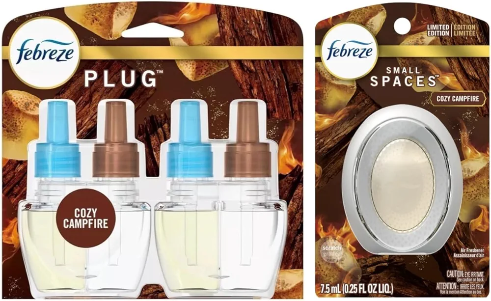 Febreze Odor-Fighting Fade Defy Plug Air Freshener - Cozy Campfire - 1.74 fl oz/2pk + Small Spaces Cozy Campfire (1 Count)