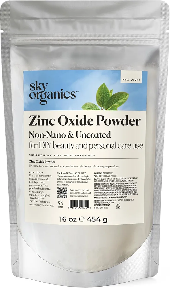 Sky Organics Zinc Oxide Powder, Non-Nano, Uncoated, DIY Personal Care, Homemade Beauty, Versatile Mineral Powder, Pharmaceutical Grade, 100% Pure, Vegan, Unscented, All Skin Types - 16 oz