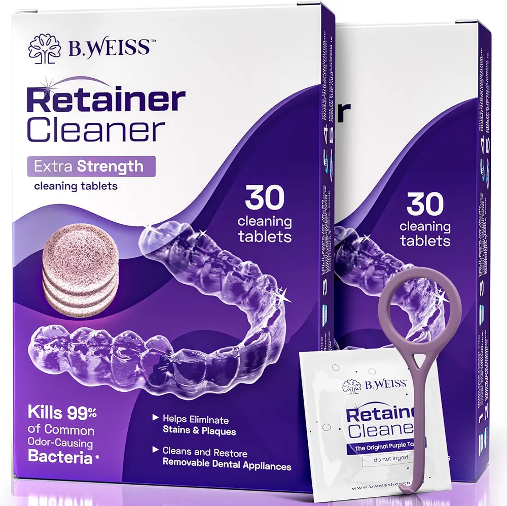 Retainer Cleaner Tablets, Invisalign Cleaner, Remove Stains, Odors & Plaque, Night Guard Cleaner, FSA & HSA Eligible, 2-Months Supply, Denture Cleaner, 60 Tablets, Grape-Scented