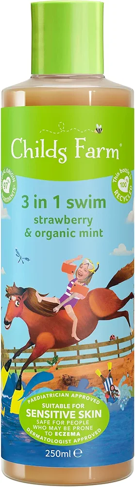 Childs Farm, Kids 3 in 1 Swim, Strawberry and Organic Mint 250 ml, Body Wash, Shampoo and Conditioner, Suitable for Dry, Sensitive and Eczema-Prone Skin