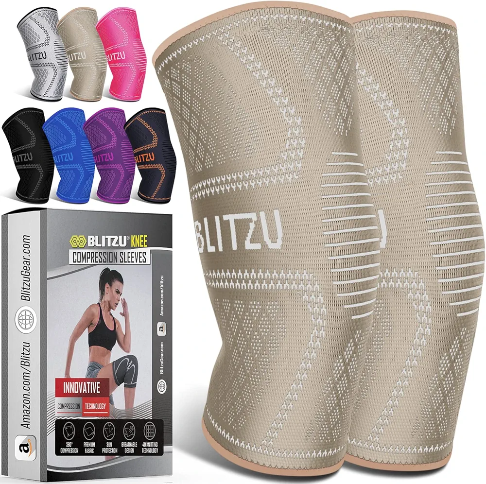 BLITZU 2 Pack Knee Brace, Compression Knee Sleeves for Men, Women, Running, Working out, Weight Lifting, Sports. Knee Braces Support for Knee Pain Meniscus Tear, ACL, Arthritis Pain Relief. Beige S