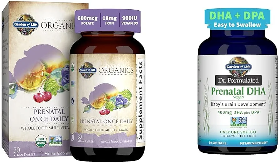 Garden of Life Organics Prenatal Multivitamin Folate Energy Healthy Fetal Development Bundle with Vegan DHA Omega-3 Brain Development Support