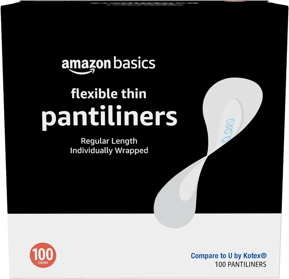 Amazon Basics Flexible Thin Pantiliner, Regular Length, Unscented, 100 Count, 1 Pack (Previously Solimo)