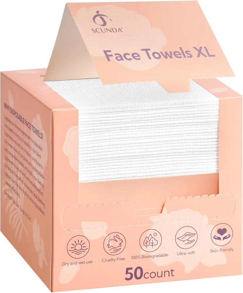 Face Towelettes Disposable, SCUNDA Disposable Face Towels, Super Soft and Thick Biodegradable Face Towels for Drying Face, Makeup Removing, Extra Large Facial Wipes for Sensitive Skin,10"×10",50 Count