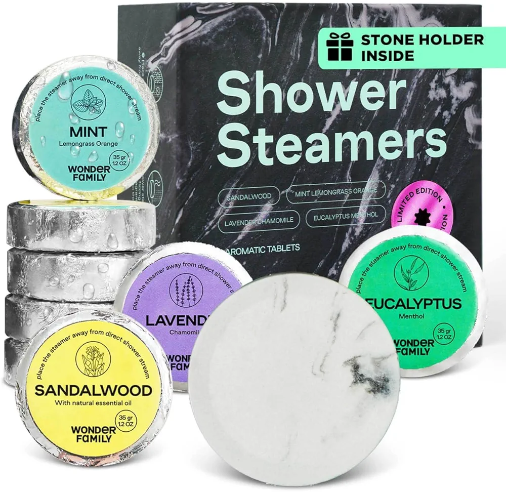 Shower Steamers Aromatherapy + Stone Tray - 8 Pack Shower Bombs for Women & Men - Shower Essentials for Women - SPA Gifts for Women with Lavender & Eucalyptus for Shower - Shower Tablets Aromatherapy