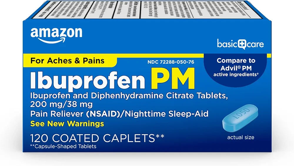 Amazon Basic Care Ibuprofen PM, Ibuprofen 200 mg and Diphenhydramine Citrate 38 mg Tablets, Pain Reliever and Nighttime Sleep-Aid, 120 Count