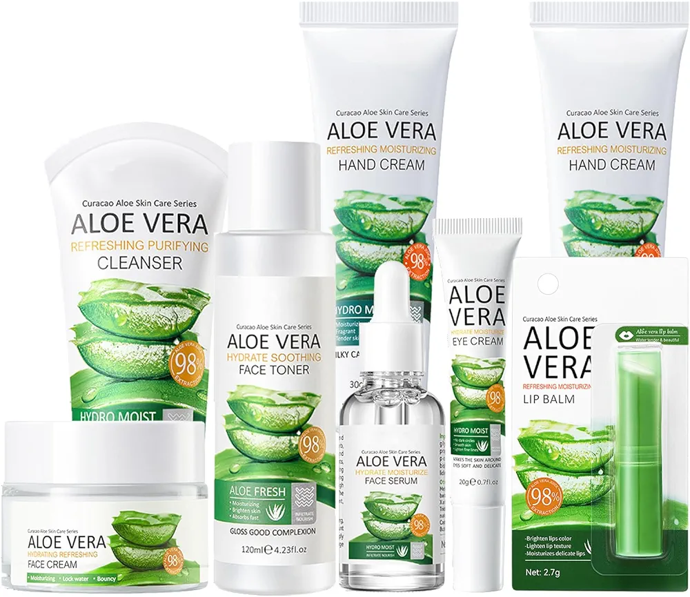 Skin Care Set for Women - Aloe Vera Skin Care Sets & Kits - 8PCS Skincare Gift Set for Teenage Girl with Cleanser-Lip Balm-Eye Cream-Toner-Face Cream-Serum-Hand Cream 2PCS Hydrating Smooth Facial Kit