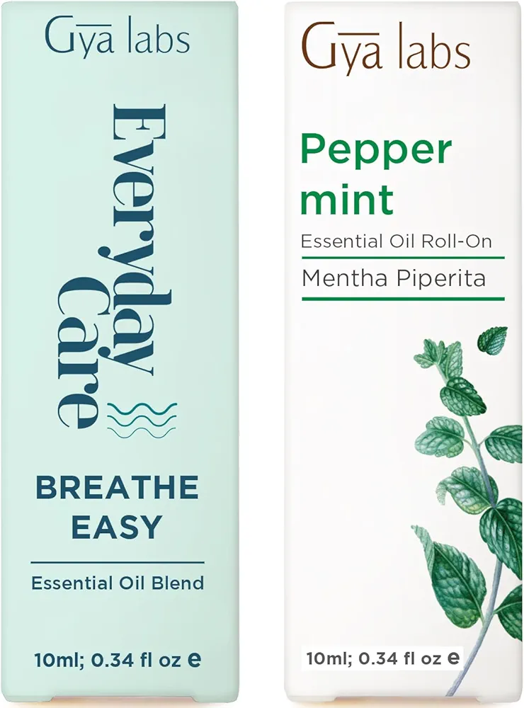 Breathe Easy Roll On & Peppermint Roll On Set -100% Natural Aromatherapy Grade Essential Oils Roll On Set - 2x0.34 fl oz - Gya Labs