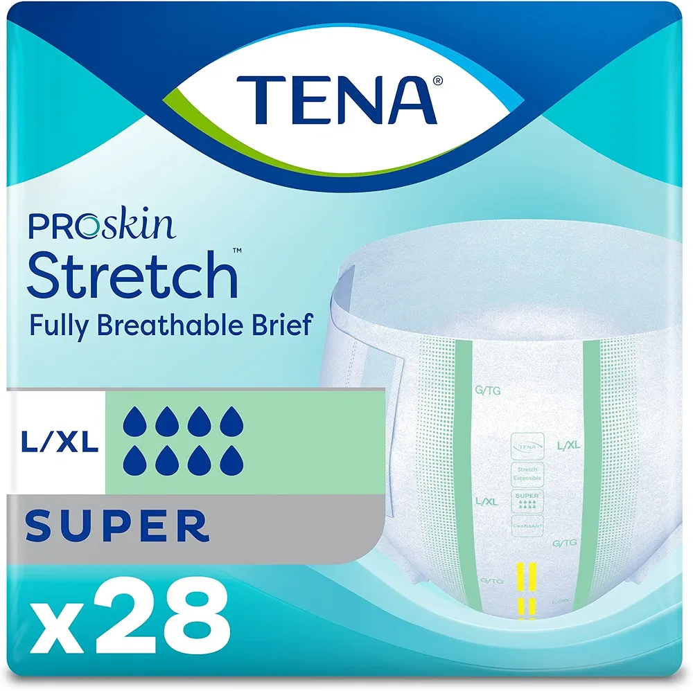 Tena Stretch Super Brief, Large/XL, Tab Closure, Disposable Heavy Absorbency, 67903 - Pack of 28