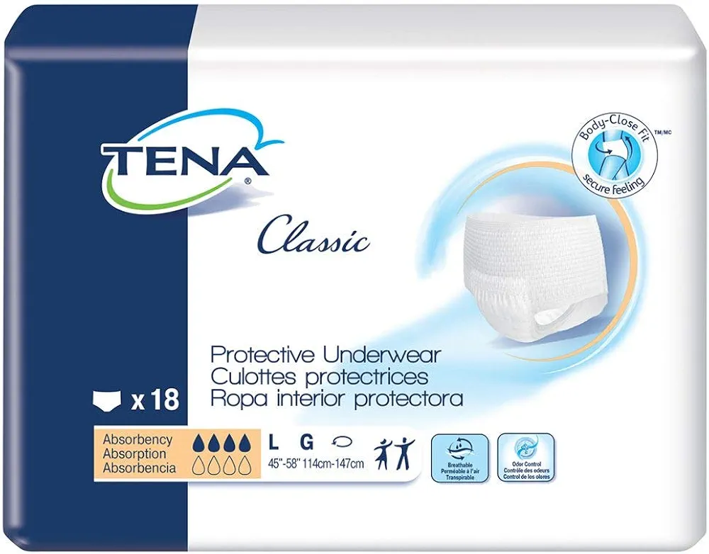 TENA Classic Underwear, 45-58 Inch Waist, 18 Count, Unisex