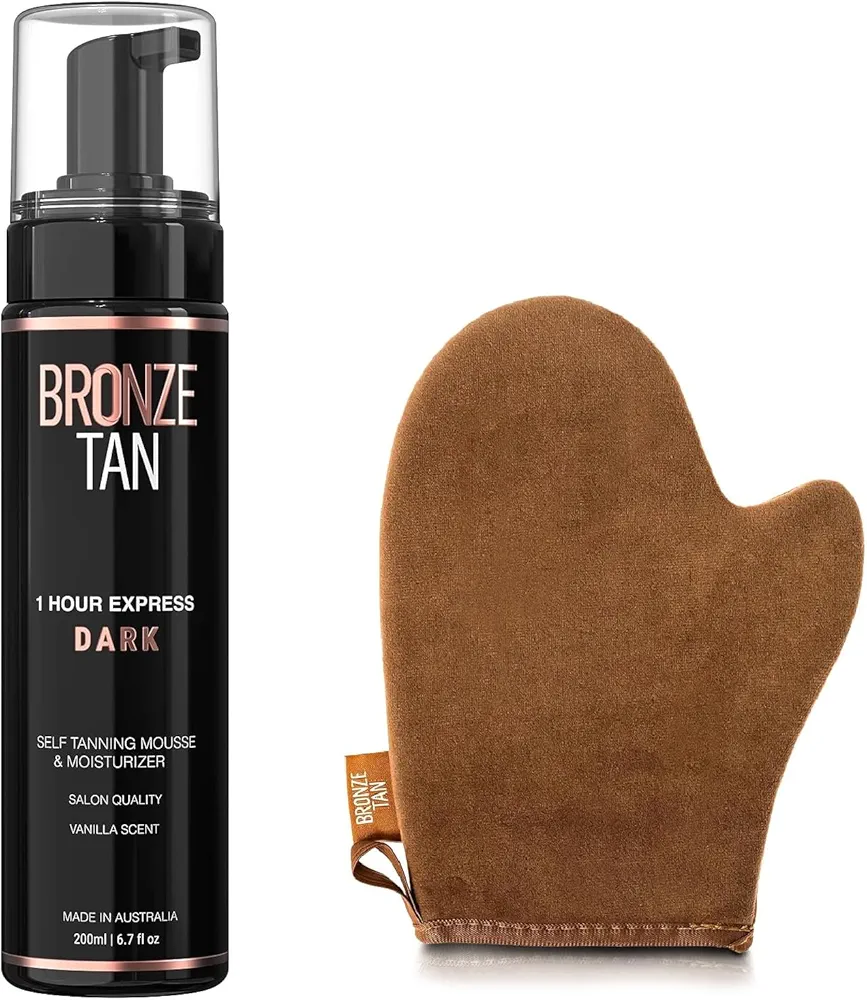 Bronze Tan Dark Self Tanner Mousse & Washable Self Tanning Mitt Set - Salon-Quality Sunless Tanner Foam for All Skin Tones - Vanilla Scented, 6.7 oz - Self Tan Application Kit