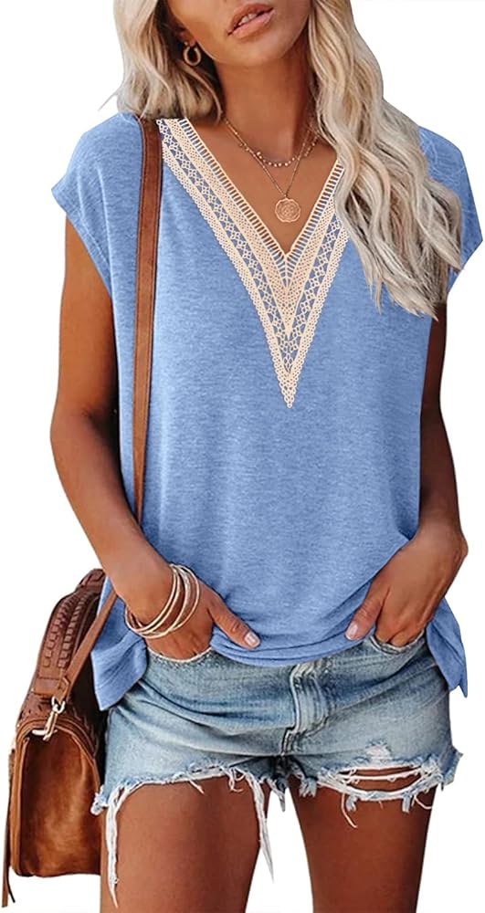 MEROKEETY Women's Casual Cap Sleeve Lace Trim V Neck Tops 2024 Summer Loose Tee Shirts Blous