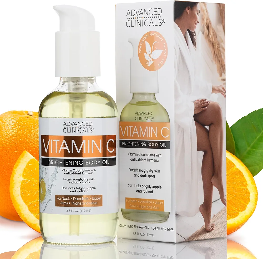 Advanced Clinicals Vitamin C Body Oil Skin Care Moisturizer W/Vitamin E & Turmeric - Nourishing, Brightening, & Hydrating Body Oil To Improve Look Of Dark Spots, Dry Skin, & Stretch Marks, 3.8 Fl Oz