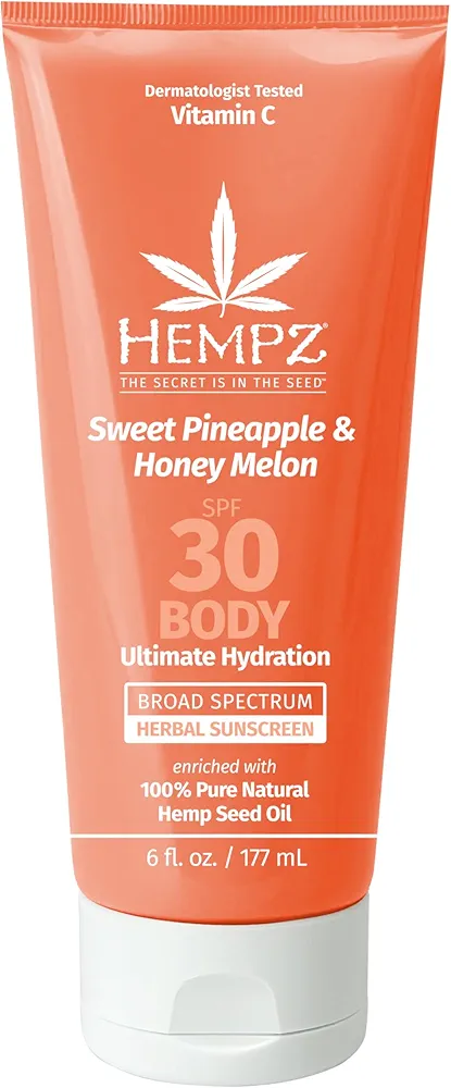 Hempz Daily Body Sunscreen SPF 30, Sweet Pineapple and Honeymelon, Reef Safe, Vegan, Dermatologist Tested, 6 oz