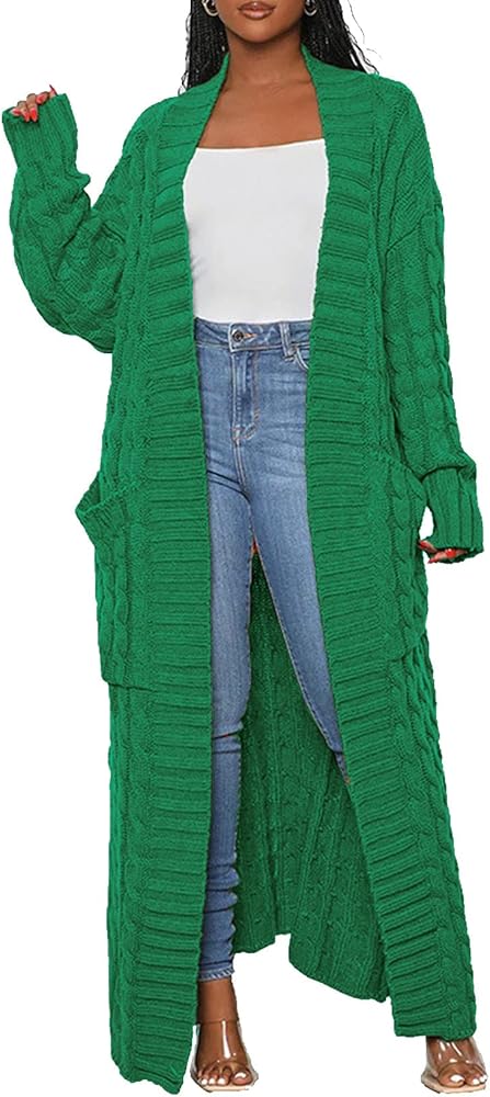 LETSVDO Long Sweaters for Women Cardigan Open Front Cable Knit Long Sleeve Duster Chunky Casual Cardigans Coat With Pockets