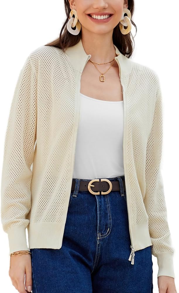 Women's 2024 Summer Mesh Cardigan Lightweight Long Sleeve Zip Up Crochet Knit Sweater Jacket Athleisure Outfits