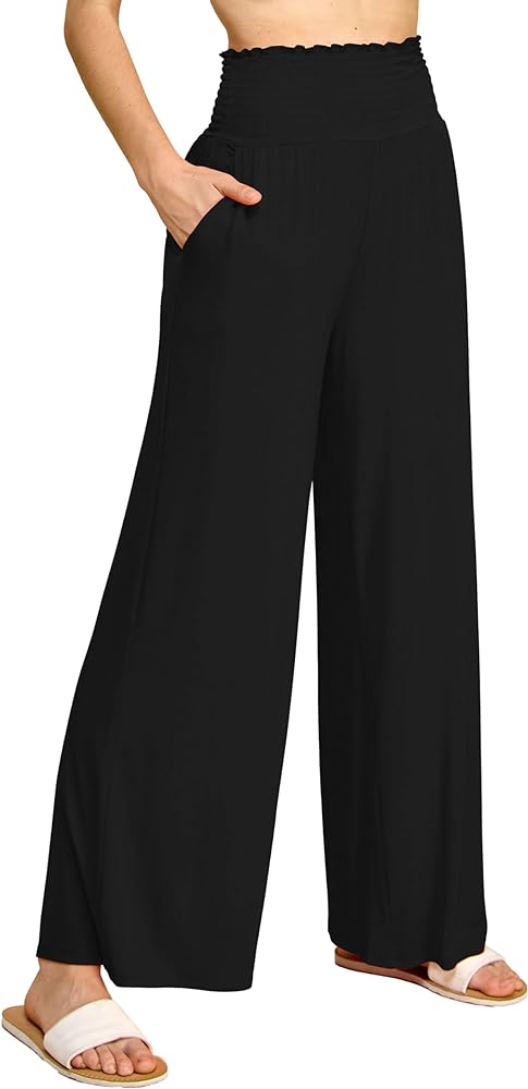 Made By Johnny Women's Elastic High Waisted Palazzo Pants Casual Wide Leg Long Lounge Pant Trousers with Pocket