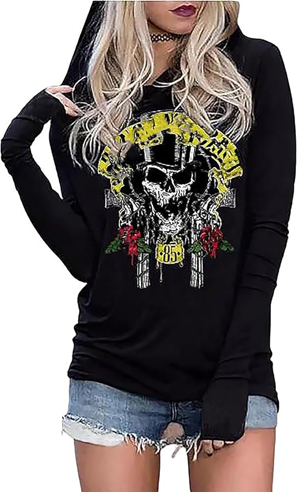 Fashion Music Graphic Hoodie Shirt for Women Rock Band Music T-Shirt Vintage Skull Long Sleeve Pullover Tops